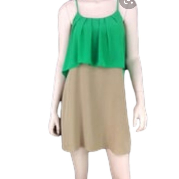 Anthropoogie Flowy Top Silk Spaghetti Straps Olive Green Tan Shift Tiered Dress - Picture 2 of 8